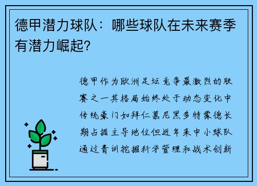 德甲潜力球队：哪些球队在未来赛季有潜力崛起？