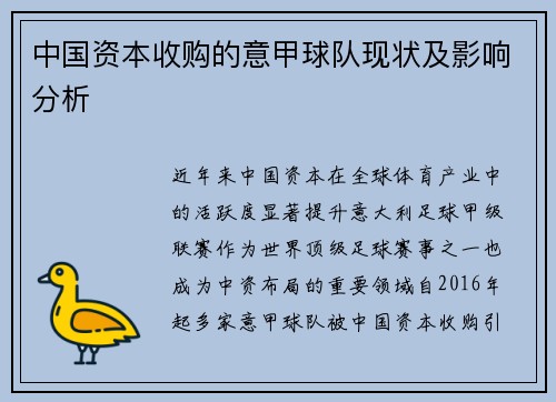 中国资本收购的意甲球队现状及影响分析